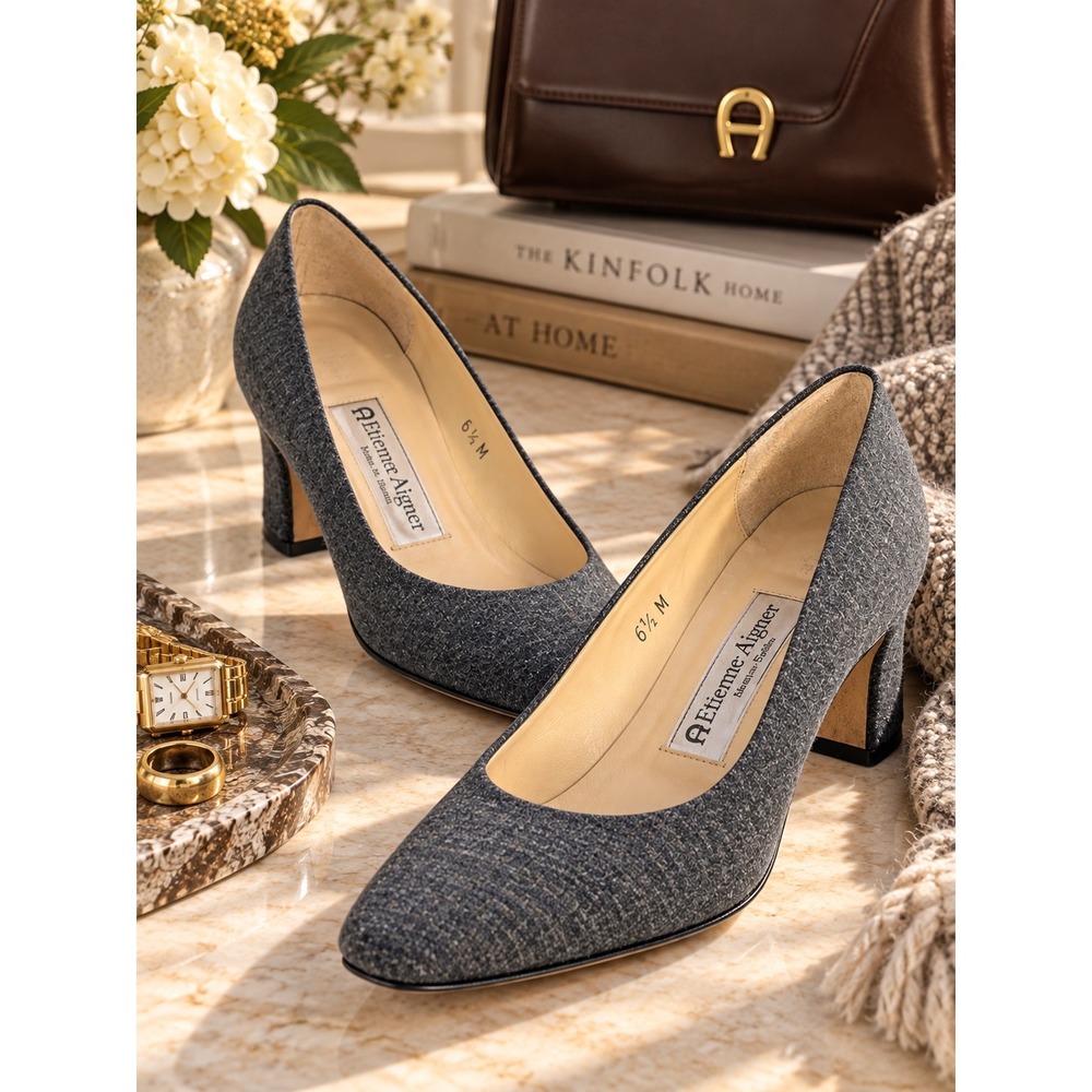 Etienne Aigner Gray Wool Look Pumps 6.5M Block Heel Leather Sole Made Spain